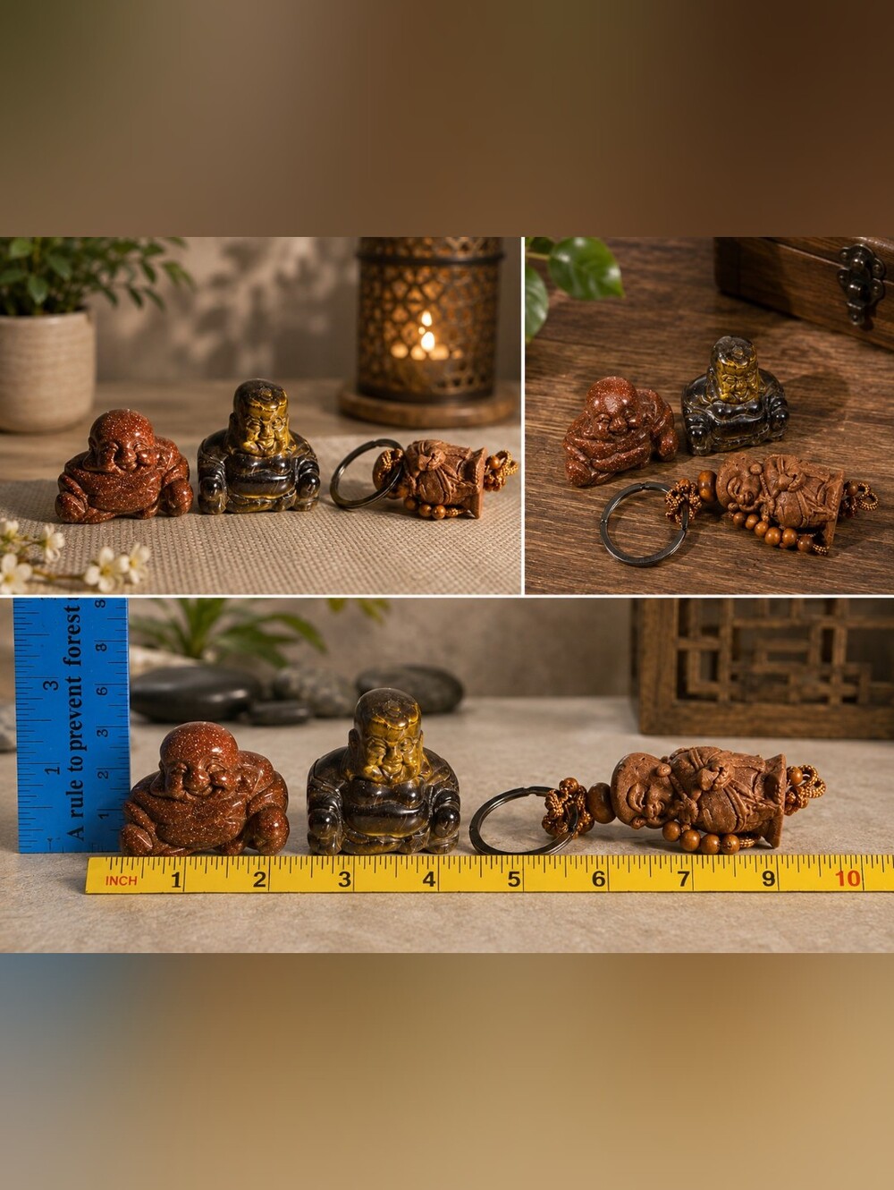 Tiger Eye, Sunstone Wooden Buddha Carved Crystal Figurine Set